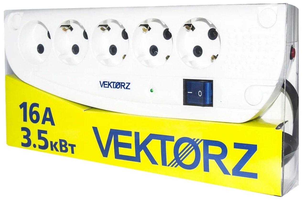 Сетевой фильтр VEKTOR Z, 5 розеток, с/з, 16А / 3500 Вт белый 3 м 1 м² 280 мм 135 мм 45 мм 5 - фотография № 1