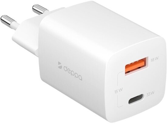 Сетевое зарядное устройство Deppa USB-C + USB-A, PD 3.0, QC 3.0, GaN, 33 Вт, белый