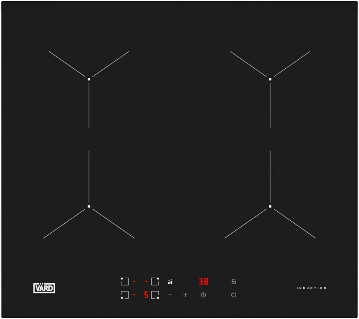 Индукционная варочная панель VARD VHI6420B, черный, стеклокерамика, функция Booster, таймер, индикатор остаточного тепла, защита от перегрева - фотография № 1