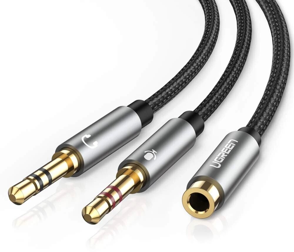 Кабель Ugreen AV140 Dual 3.5 mm Male to 3.5 mm Female Audio Cable (0,2 метра) чёрный (20899)