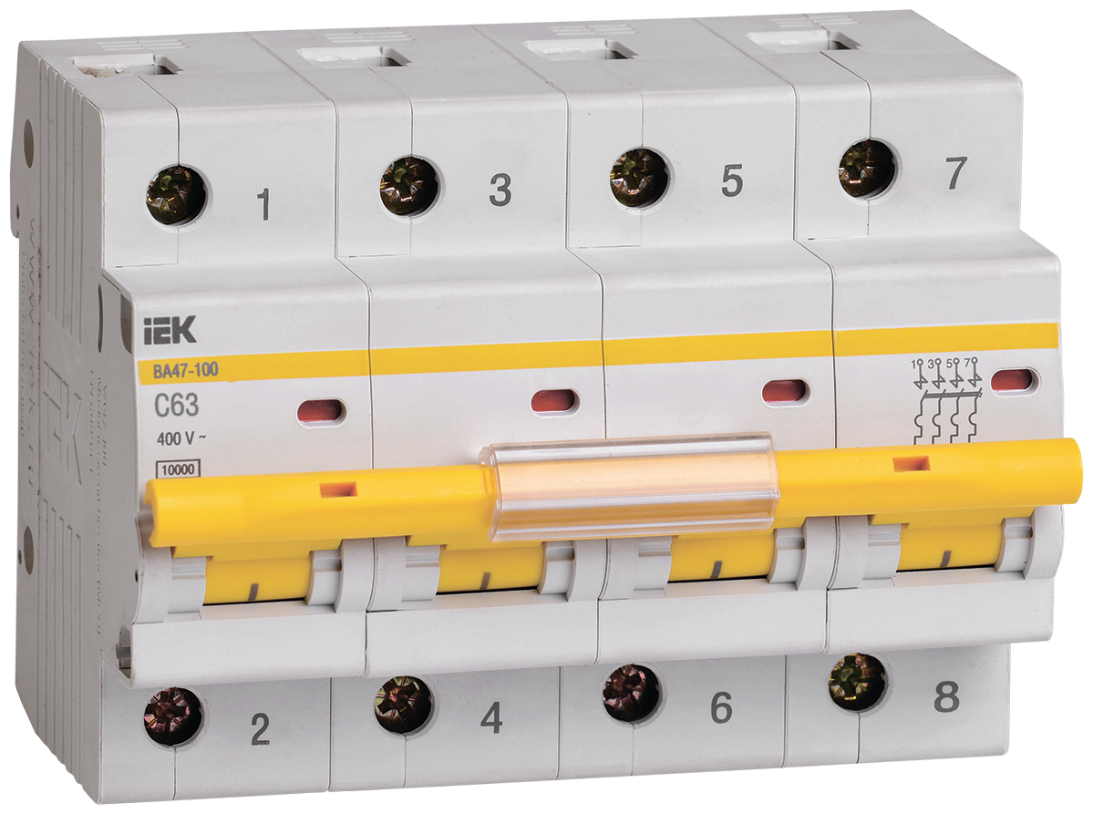 ВА47-100 MVA40-4-063-C Автоматический выключатель четырехполюсный 63А (10 кА, C) Упаковка (3 шт.) IEK - фото №1
