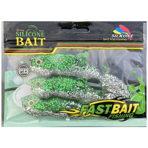 Силиконовая приманка Silicone Bait Зелёная рыбка с цветными блёстками (3 шт.)