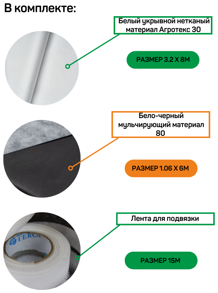 Агротекс Комплект для томатов (бело-черный 80-1,06 -6м перф 1ряд 50*8 + белый 30-3,2- 8м + лента L=15) - фотография № 2