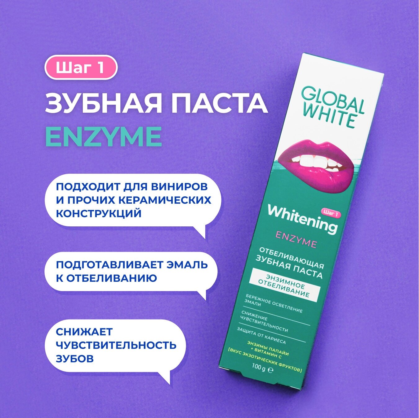 Зубная паста GLOBAL WHITE Энзимное отбеливание / Для чувствительных зубов / Enzyme whitening toothpaste / 100 г / RDA 70