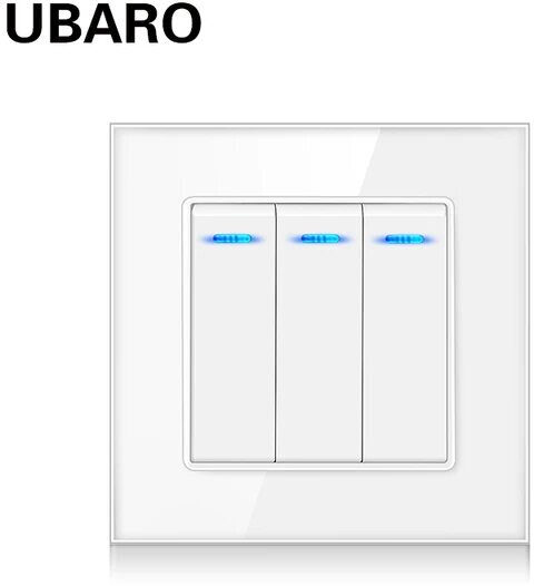 выключатель (переключатель) UBARO с подсветкой трехклавишный с рамкой из закаленного стекла белый - фотография № 1