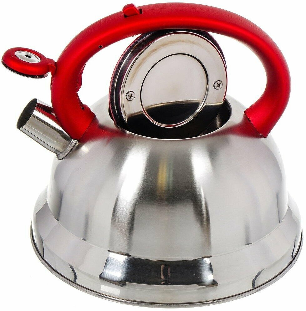 Чайник нержавеющая сталь, 2.8 л, со свистком, матовый, ручка с силиконовым покрытием, Daniks, красный, MSY-013R - фотография № 3