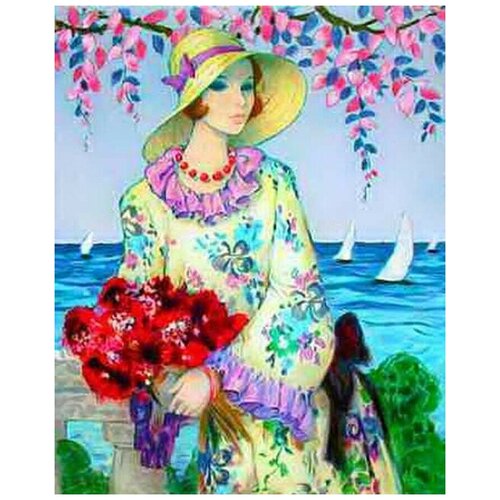 Картина с красками 40х50 см по номерам дама В шляпе У моря, 1 шт.