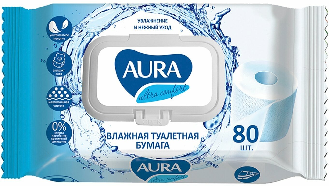 Туалетная бумага Aura ULTRA COMFORT, 80 шт, влажная, с крышкой