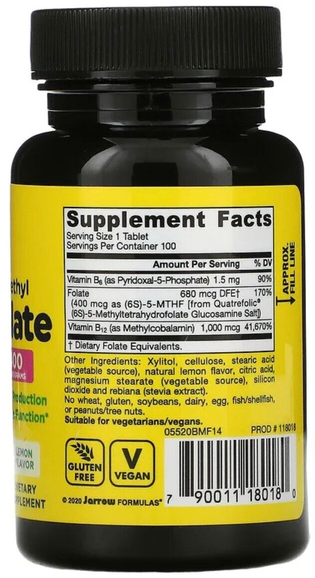Jarrow Formulas, джэрроу формулас, Метил B-12 и метилфолат, лимон, 100 жевательных таблеток — фото 1
