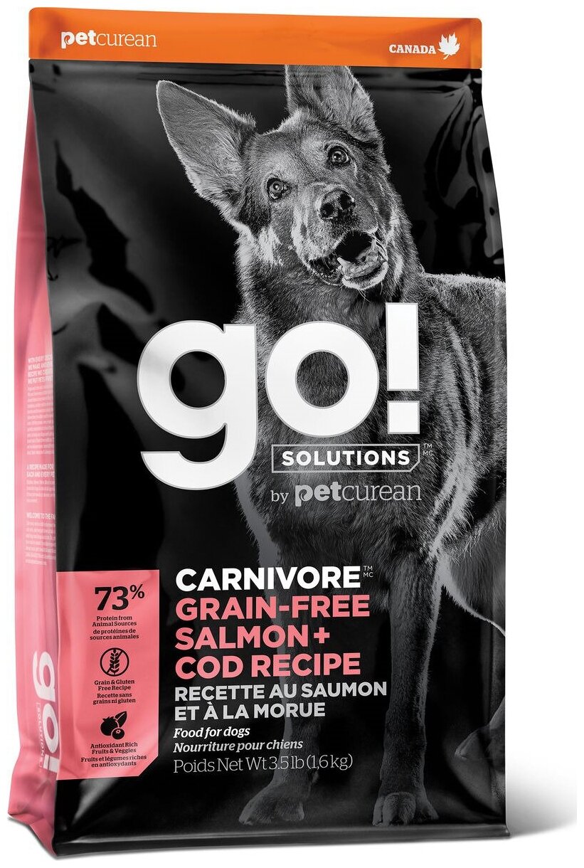 Корм сухой Go! Natural Holistic Carnivore, c лососем и треской, беззерновой, для собак всех возрастов, 9,98 кг
