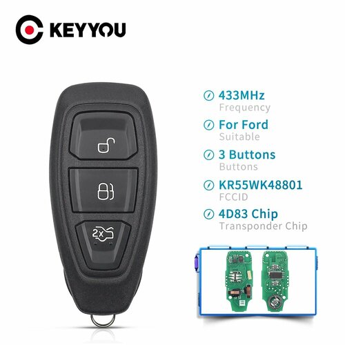 KEYYOU 3 кнопки KR55WK48801 умный дистанционный ключ для Ford Focus C-Max Mondeo Kuga Fiesta B-Max 434433 МГц 4D63 80Bit чип без ключа with ID83 chip 1567₽
