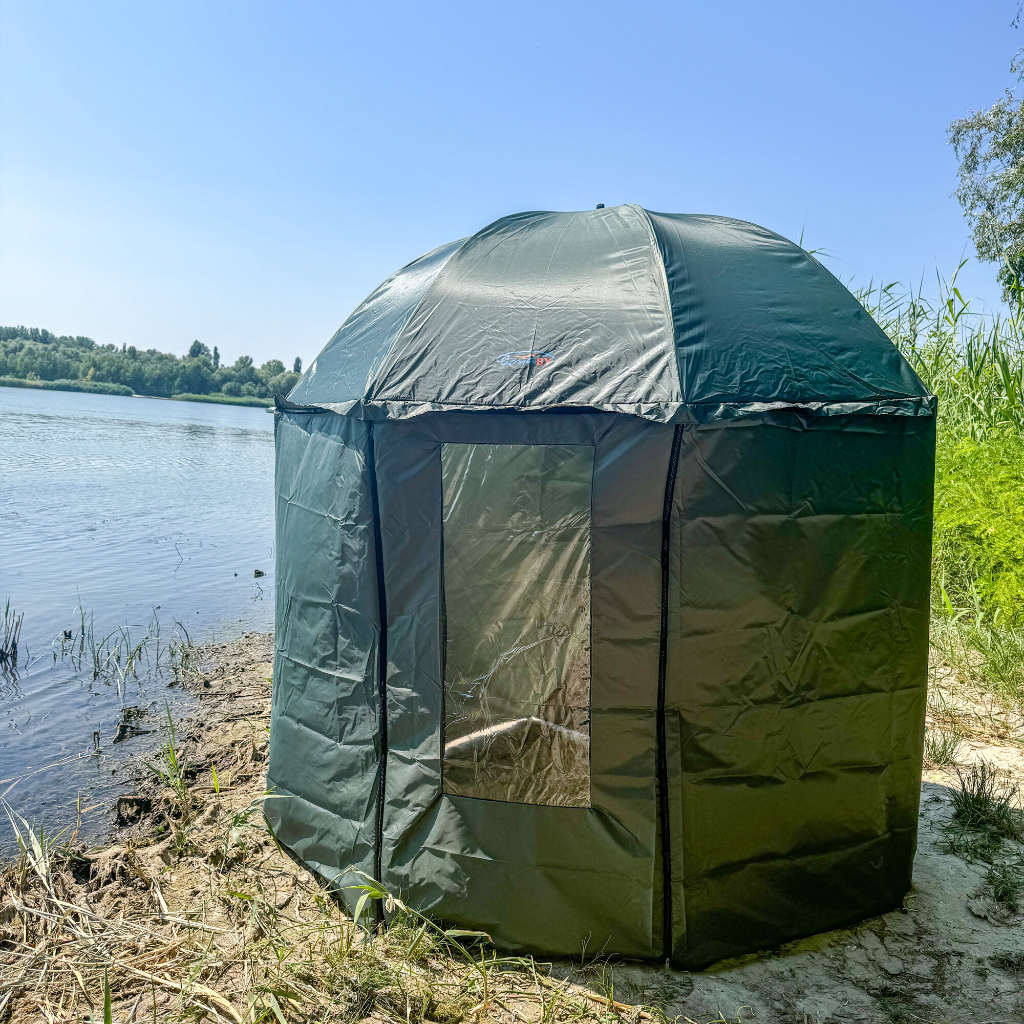фото Карповый зонт-палатка. Зонт со шторкой 360 (зеленый)