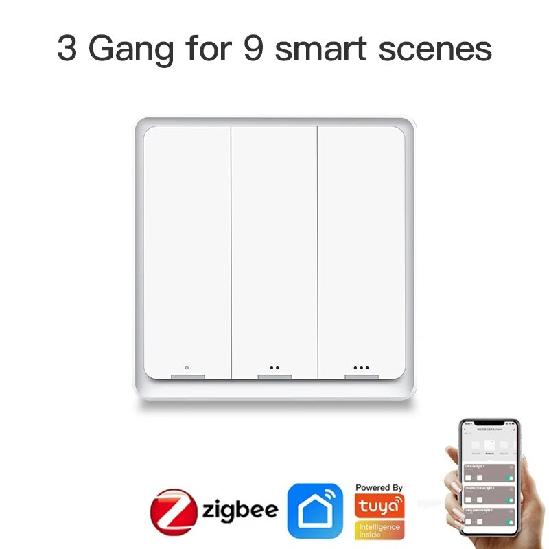 Кнопочный смарт-переключатель Tuya zigbee, 4 клавиши, 12 режимов работы, работает с приложением ZigBee Gateway, 3 Gang