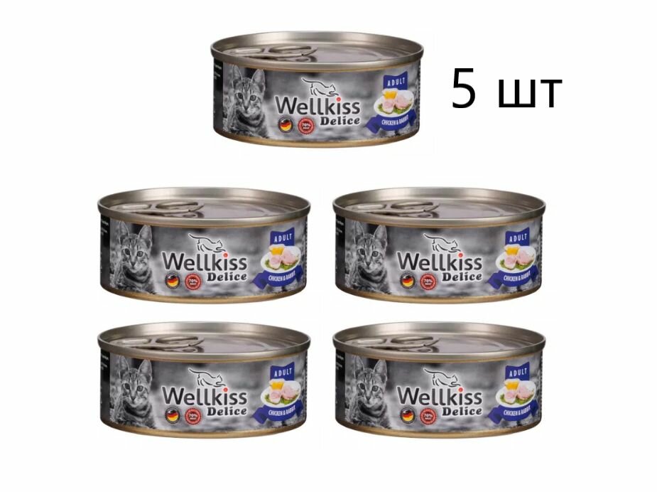 5 ШТ Wellkiss Delice Влажный корм (консервы) для кошек, цыпленок и кролик, 100 гр.