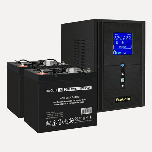 Изображение товара Комплект ИБП EX295988RUS + батарея 55Aч EX285667RUS 2шт (инвертор, синус, для котла) ExeGate SineTower SZ-1500