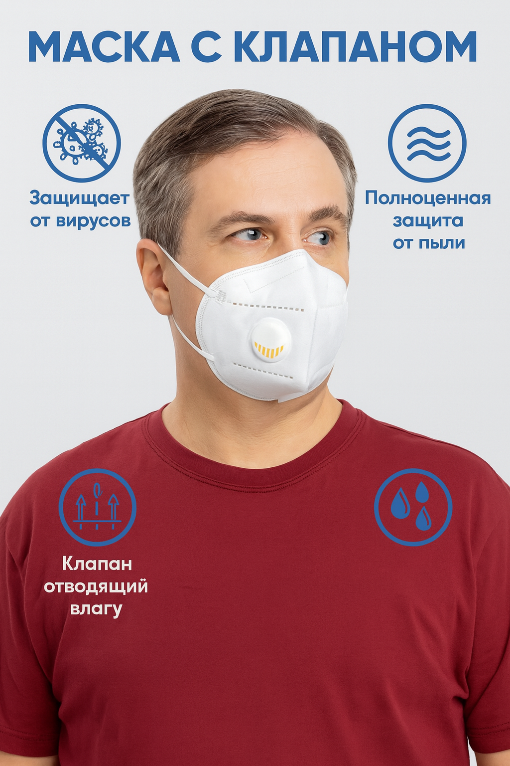 Маска-респиратор, многоразовая, с клапаном, KN95, защита от вирусов, 5 штук — фото 1