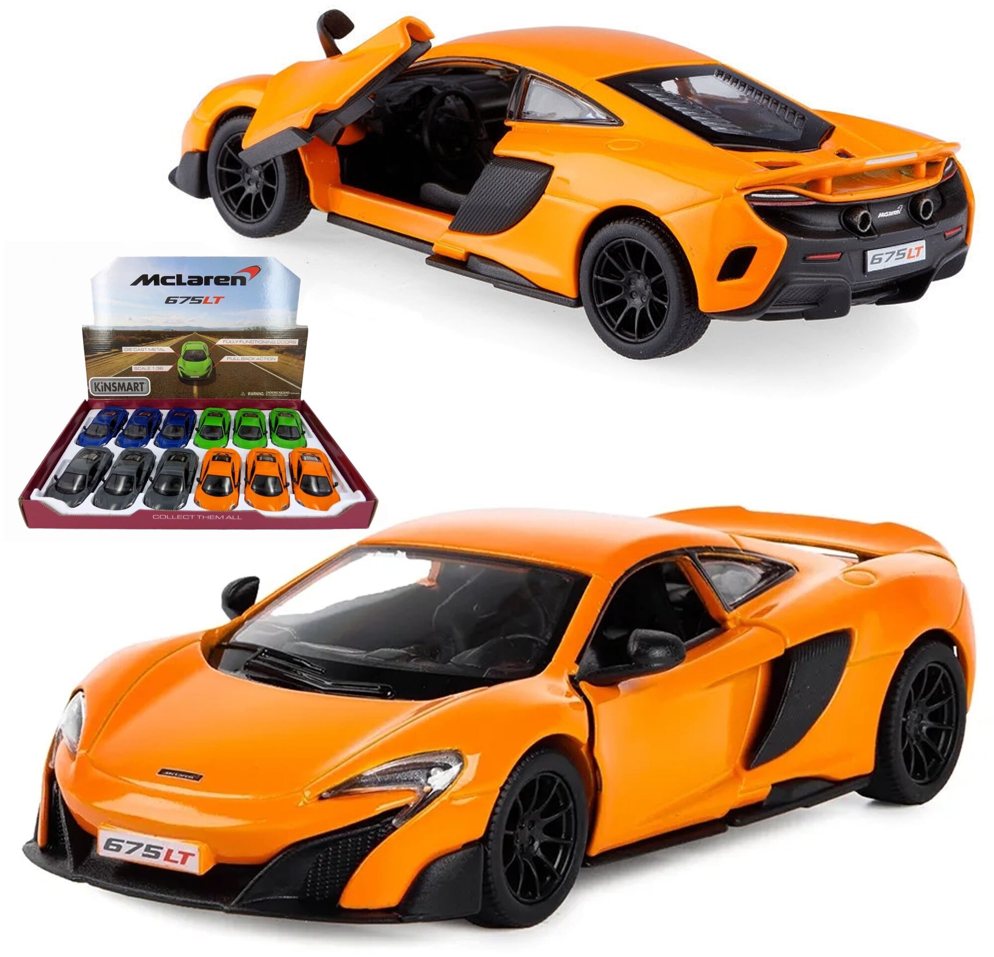 Машинка игрушка для мальчика металлическая, инерционная 1:36 McLaren 675LT в дисплейбоксе, оранжевый, в подарок для ребенка, малыша на день рождения, новый год или 23 февраля