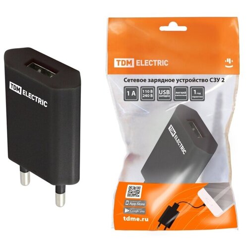 Сетевое зарядное устройство, СЗУ 2, 1 А, 1 USB, черный, TDM