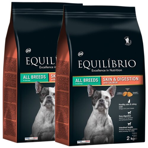 EQUILIBRIO ADULT DOG ALL BREEDS SKIN & DIGESTION SALMON для собак всех пород для здоровой кожи и чувствительного пищеварения с лососем (2 + 2 кг)