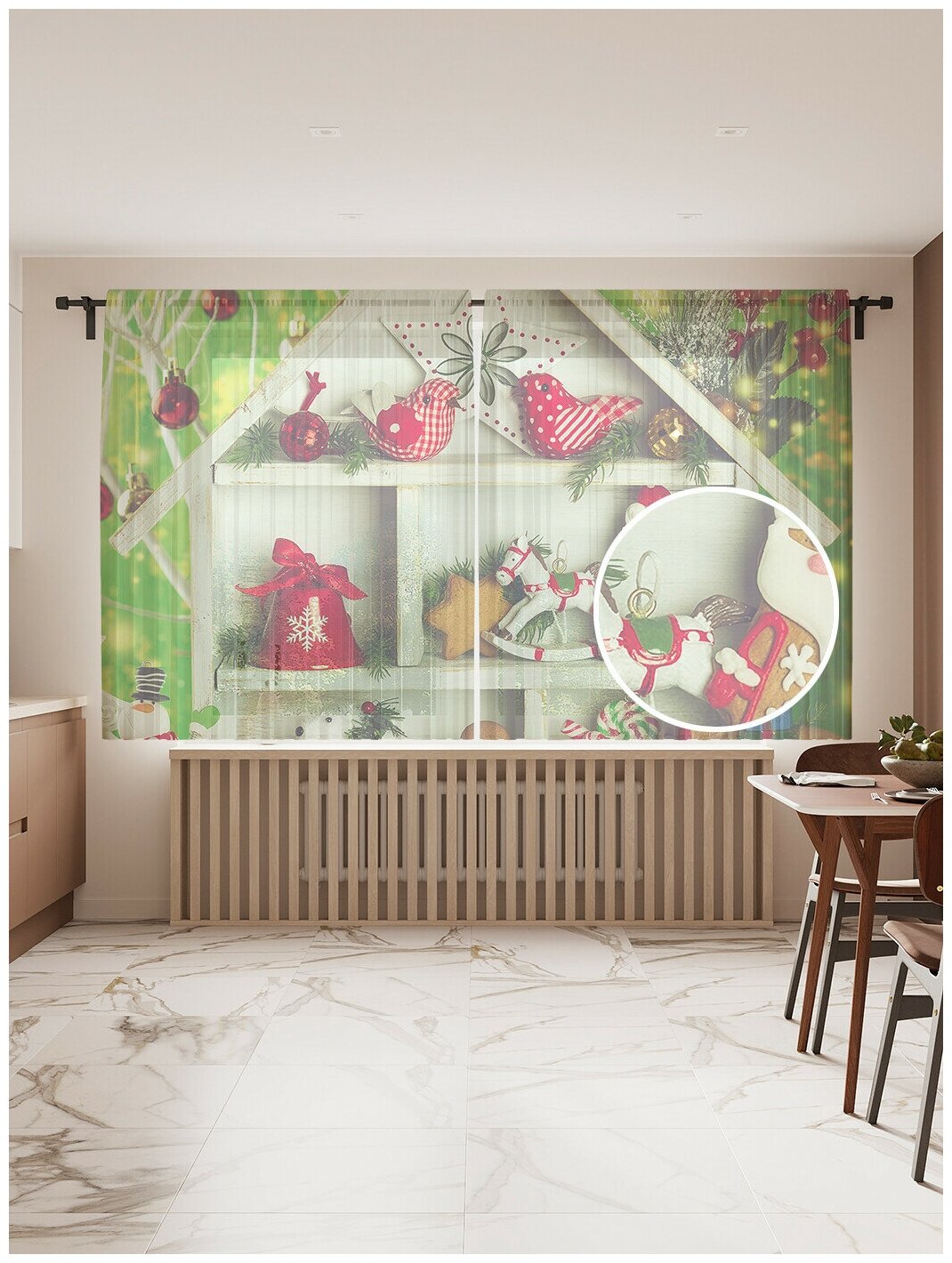 Тюль для кухни и спальни JoyArty "Дом для украшений", 2 полотна со шторной лентой шириной по 145 см, высота 180 см. - фотография № 1