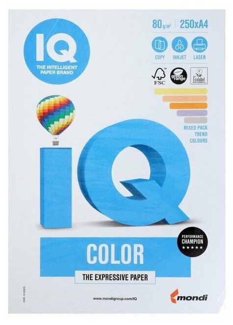 Бумага цветная IQ color А4 80 г/м2 250 л (5 цветов х 50 листов) микс тренд RB03