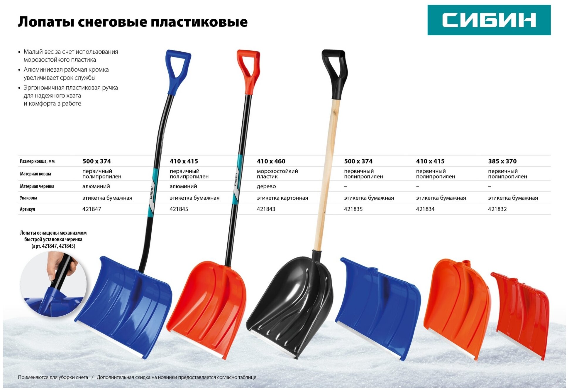 Снеговая лопата СИБИН ЛП-500 500 мм, пластик с алюминиевой кромкой, без черенка 421835 - фотография № 2