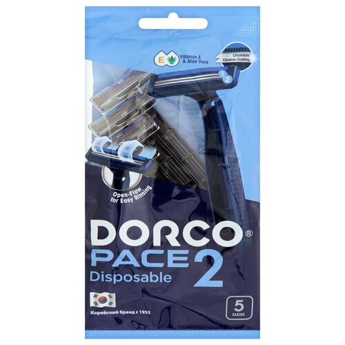 Dorco Бритвы одноразовые PACE2, 2-лезвийные, фикс. головка, увл. полоса, открыт. архитектура (5 станков) dorco женский бритвенный станок 2 лезвия увлажняющая полоска 5шт уп 2 шт