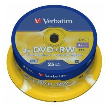 Диск Verbatim DVD+RW 4.7Gb 4x Cake Box (25шт) 43489