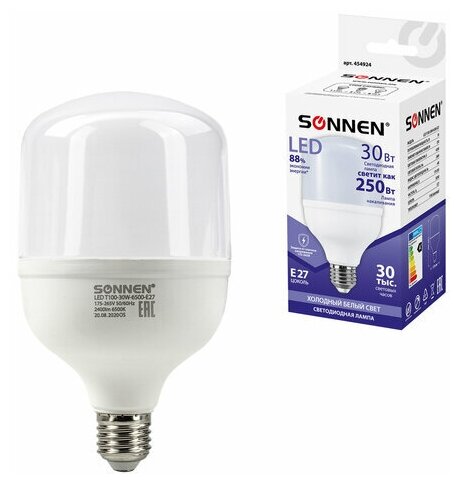 Лампа светодиодная SONNEN, 30 (250) Вт, цоколь Е27, цилиндр, холодный белый, 30000 ч, LED Т100-30W-6500-E27, 454924 (цена за 1 ед. товара)