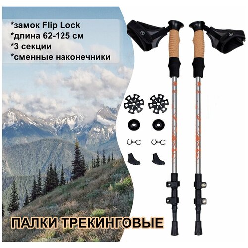 фото Трекинговые палки складные/ палки для скандинавской ходьбы ecos trekking poles алюминиевые, замок flip-lock, пробковая рукоятка, темляк, серебристые