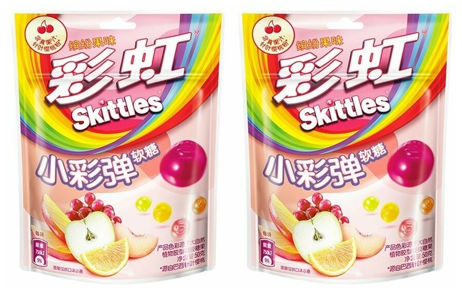 Мармелад Skittles яблоко, виноград, апельсин, персик 50 гр. (Китай) (2 шт) - фотография № 1