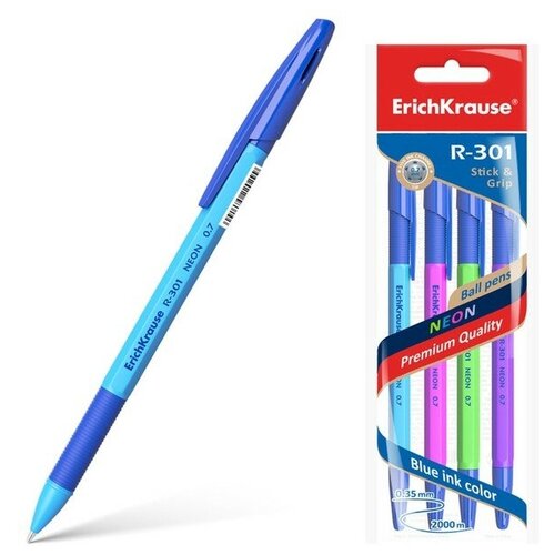 Набор ручек шариковых 4 штуки ErichKrause R-301 Neon Stick & Grip, узел 0.7 мм, чернила синие, резиновый упор, длина линии письма 1000 метров, европодвес luxor набор шариковых ручек stick neon 48 шт 0 8 мм