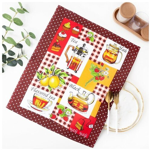 Полотенце 45х60 см, Чаепитие, коричневый, вафля, 160 гр/м2, хлопок 100%