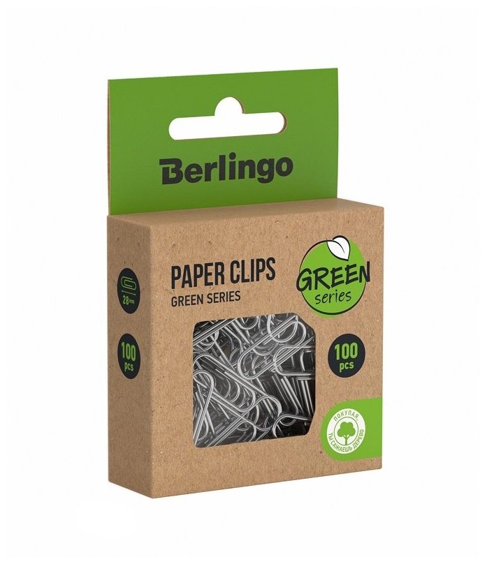Скрепки Berlingo 28 мм, Green Series, 100 шт, никелированные, европодвес (DBs_28100J)