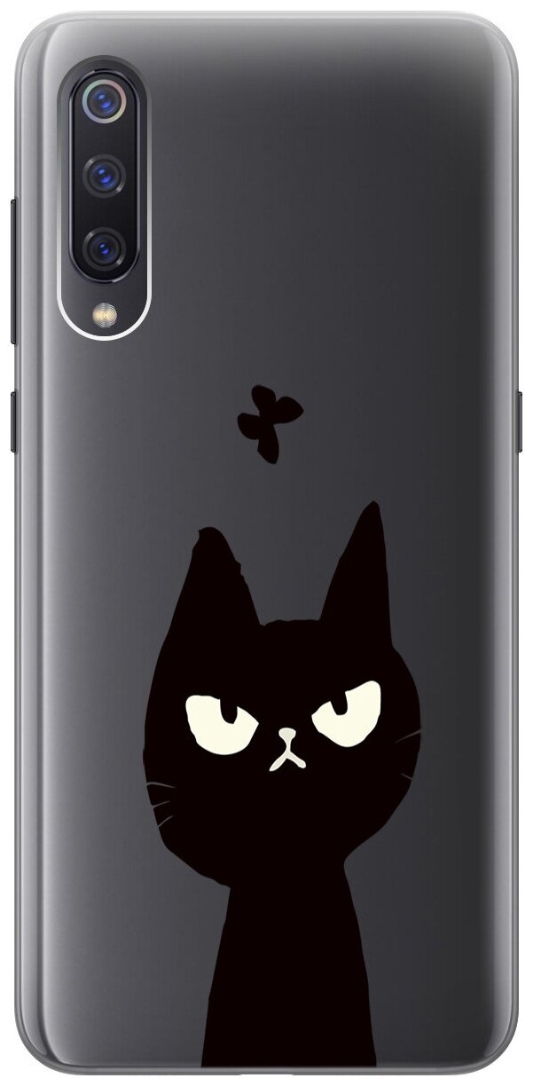 Силиконовый чехол на Xiaomi Mi 9, Сяоми Ми 9 с 3D принтом "Disgruntled Cat" прозрачный