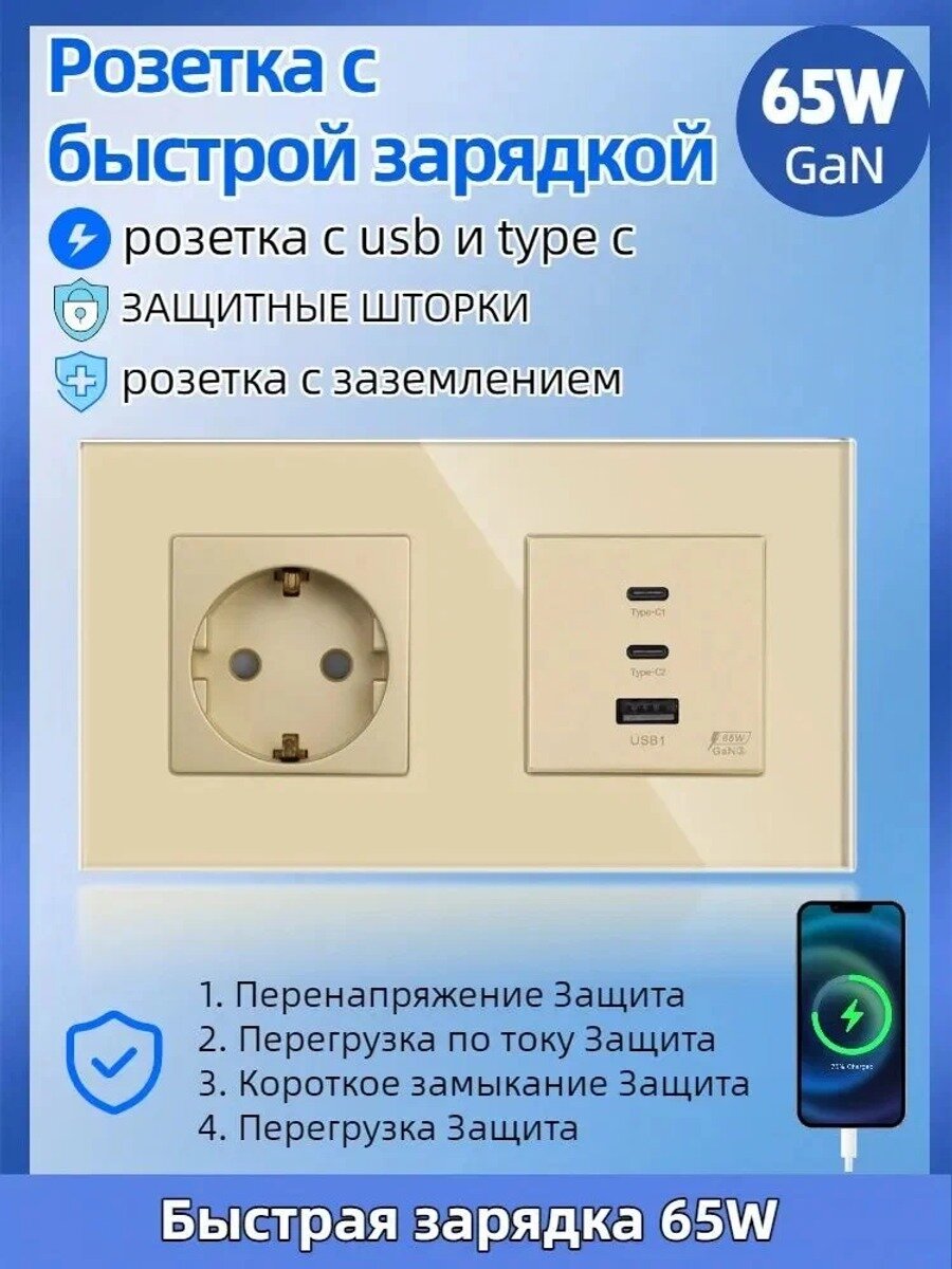 Розетка электрическая двойная с USB и type-C быстрая зарядка 65W и розеткой EU 220V, рамка закаленное стекло золота