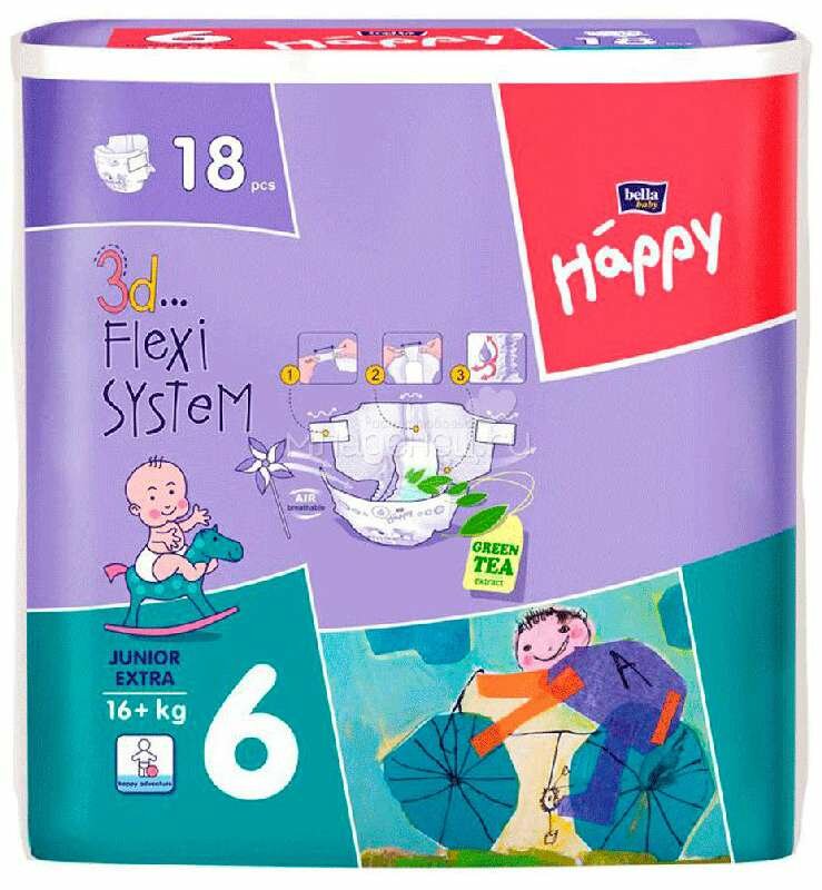 Подгузники гигиенические для детей под товарным знаком "bella baby happy" junior extra по 18 шт. вес 16+ кг ООО Белла - фото №2