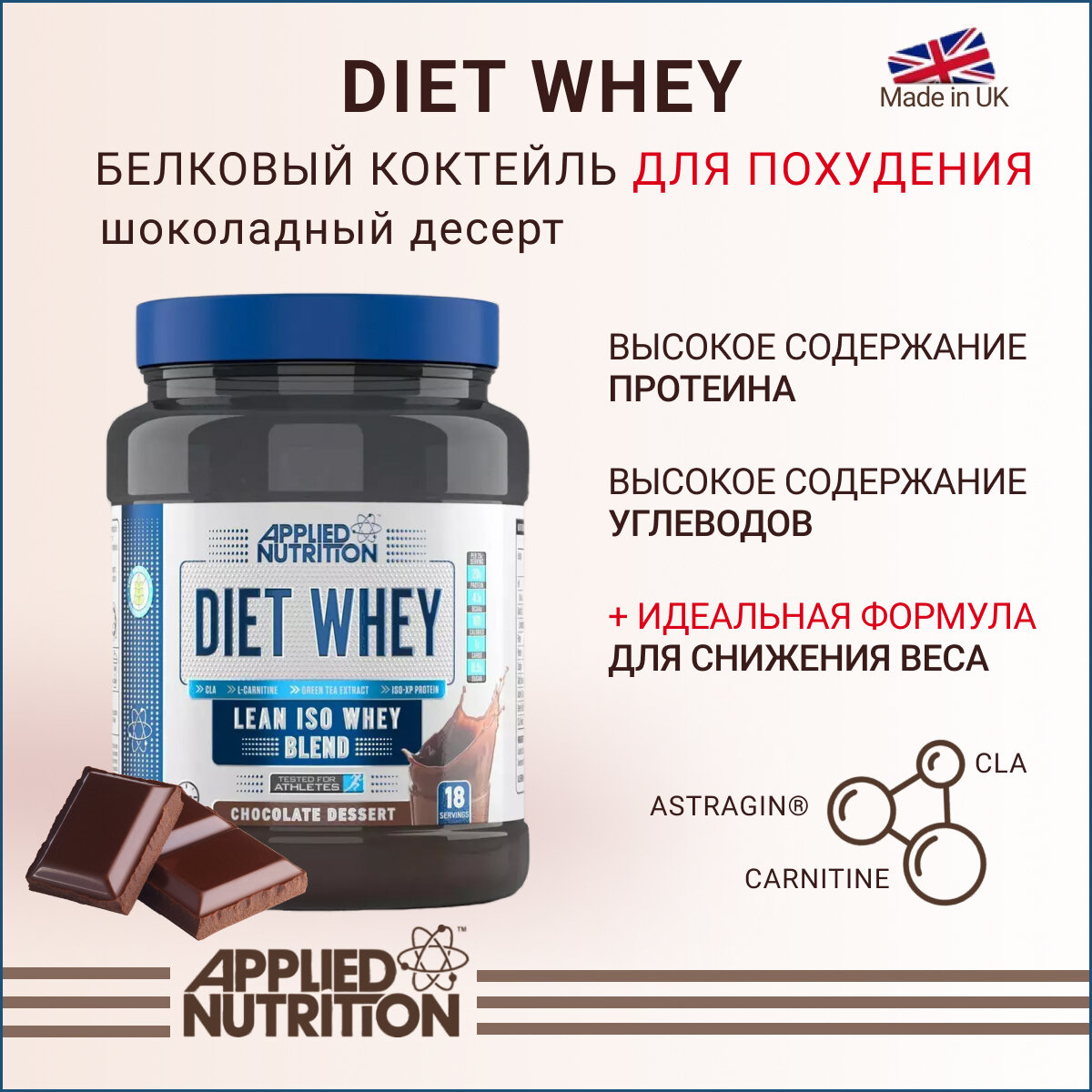 Сывороточный протеин Applied Nutrition DIET WHEY, белковый коктейль для похудения, шоколадный десерт, 450 гр