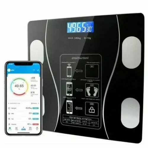 Напольные умные весы с расчётом 12 показателей качества тела совместимые для Android, IOS , черные