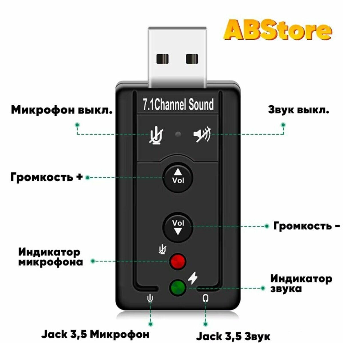 Внешняя звуковая карта USB Jack 3.5 микрофон наушники / для ноутбука, ПК, Mac — фото 1