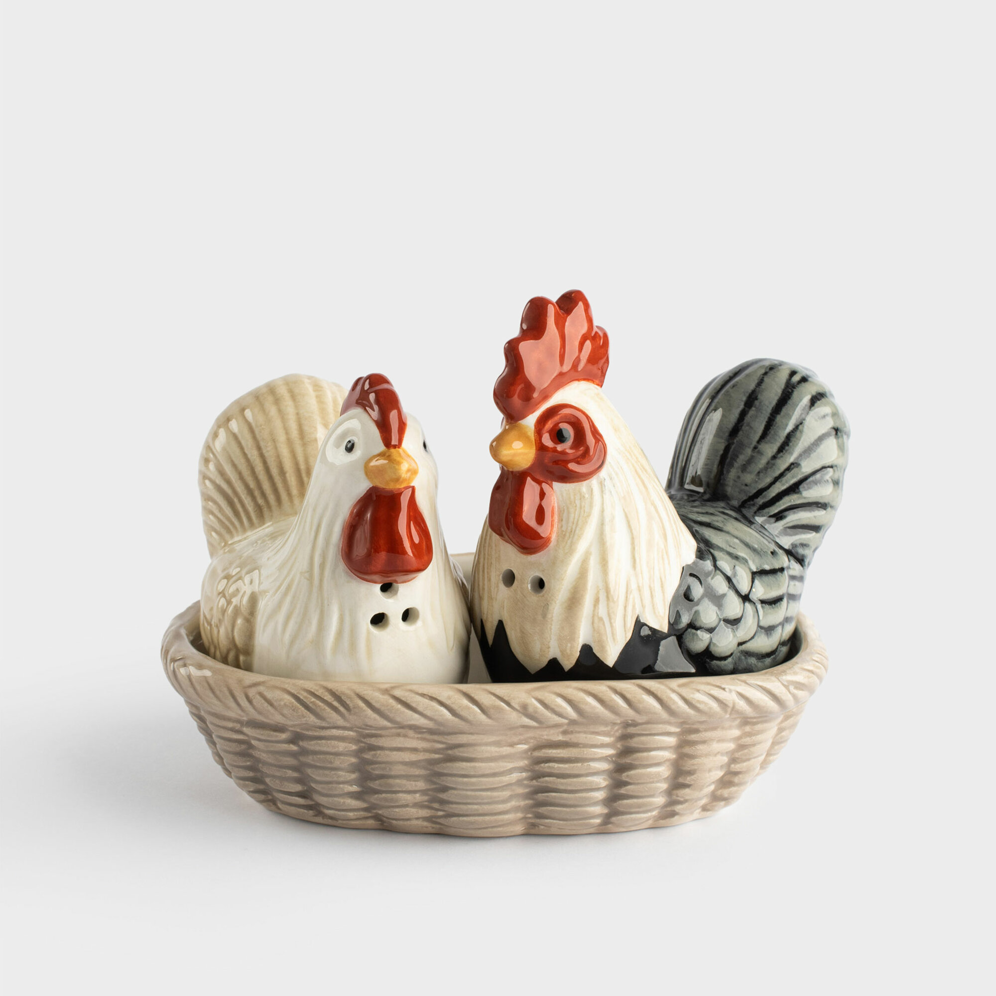 Набор для соли и перца 15 см на подставке керамика Петух и курица в корзинке Rooster