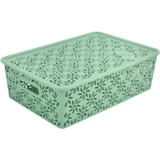 Корзинка Мультидом "Ромашки" 7.5 л с крышкой 35х24.5х10.5 см нефрит (9.481)