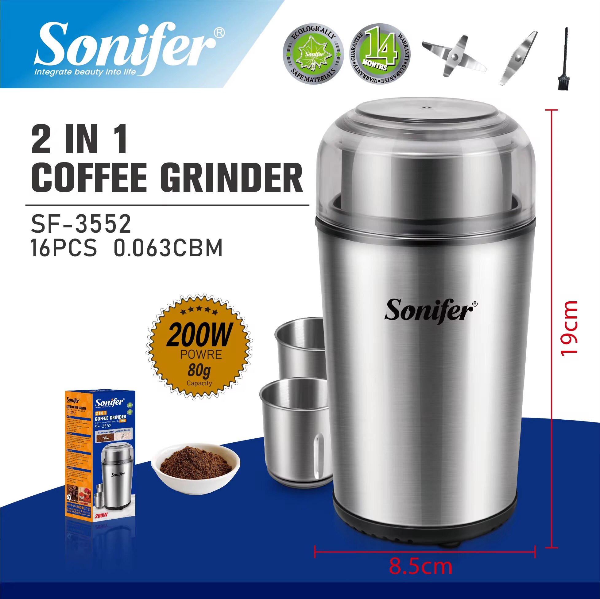 Кофемолка Sonifer SF-3552, 2 в 1, ротационный нож, мощность 200 Вт, вместимость 80 г
