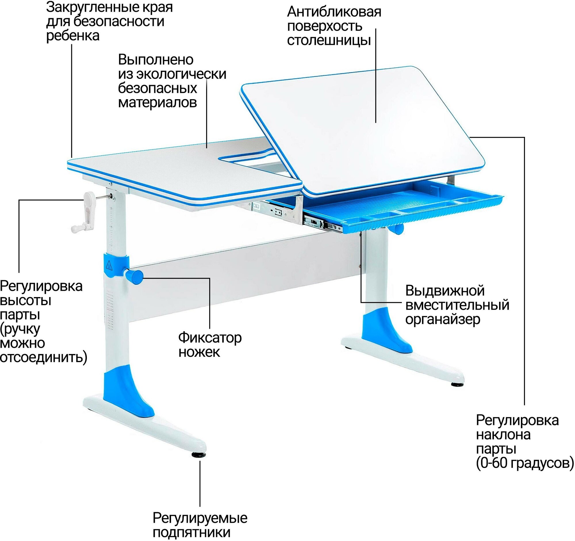 Растущая парта Anatomica Study-100 белый/голубой - фотография № 7