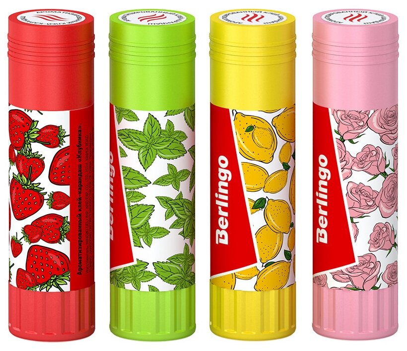 фото Клей-карандаш ПВП 21 г Berlingo, Aroma, ароматизированный (мята, лимон, клубника, роза) (микс цветов, 1шт)
