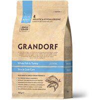 GRANDORF SINGLE GRAIN CAT ADULT SKIN & COAT CARE WHITE FISH & TURKEY низкозерновой для взрослых кошек с чувствительной кожей и шерстью с белой рыбой и индейкой (0,4 кг)