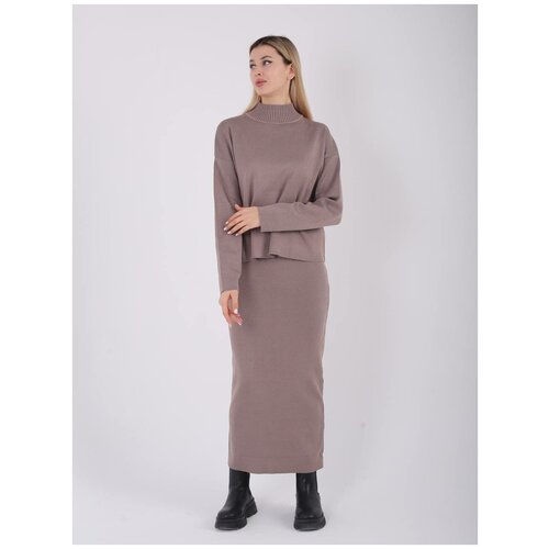 Костюм трикотажный юбка с кофтой, высокий ворот / цвет кофейный / размер 42-48