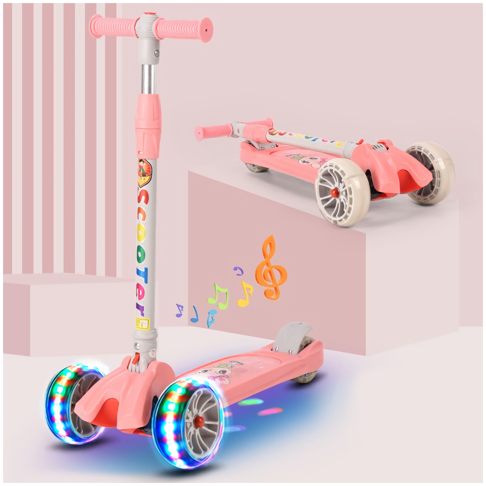 Складной трёхколёсный самокат со светящимися колёсами Scooter Maxi Print Lights 108 Розовый