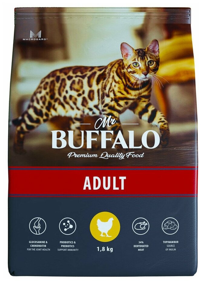 Mr.Buffalo Adult полнорационный сухой корм для взрослых котов и кошек с курицей - 1,8 кг