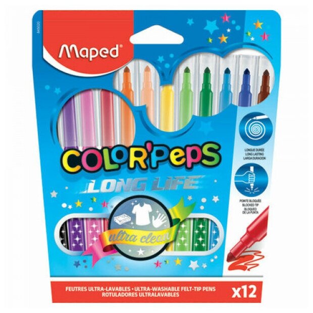 Фломастеры MAPED (Франция) "Color\'Peps Long Life", 12 цветов, смываемые, трехгранные, картонная упаковка, 845020